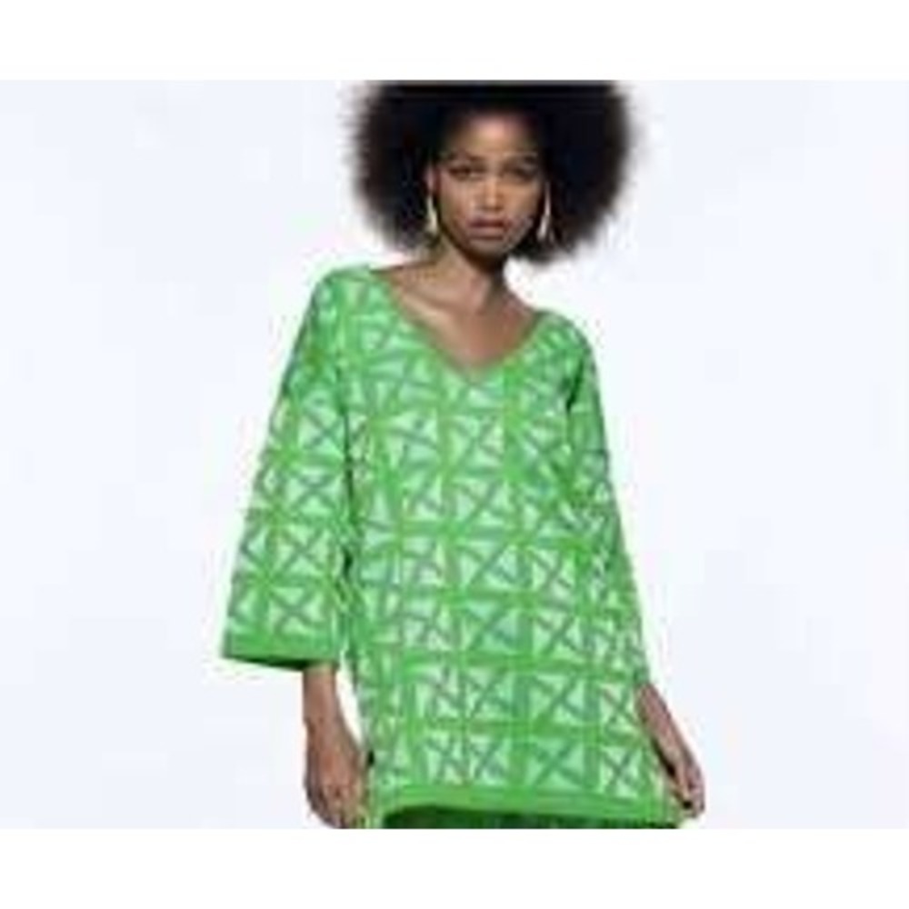 ZARA Womens Green Geometric Knit V-Neck Tunic Top SMALL Oversized Retro Mod
